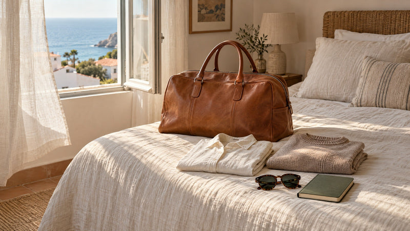 AI-created editorial image: a cognac leather weekender on an ivory linen bed beside an open window overlooking the sea.