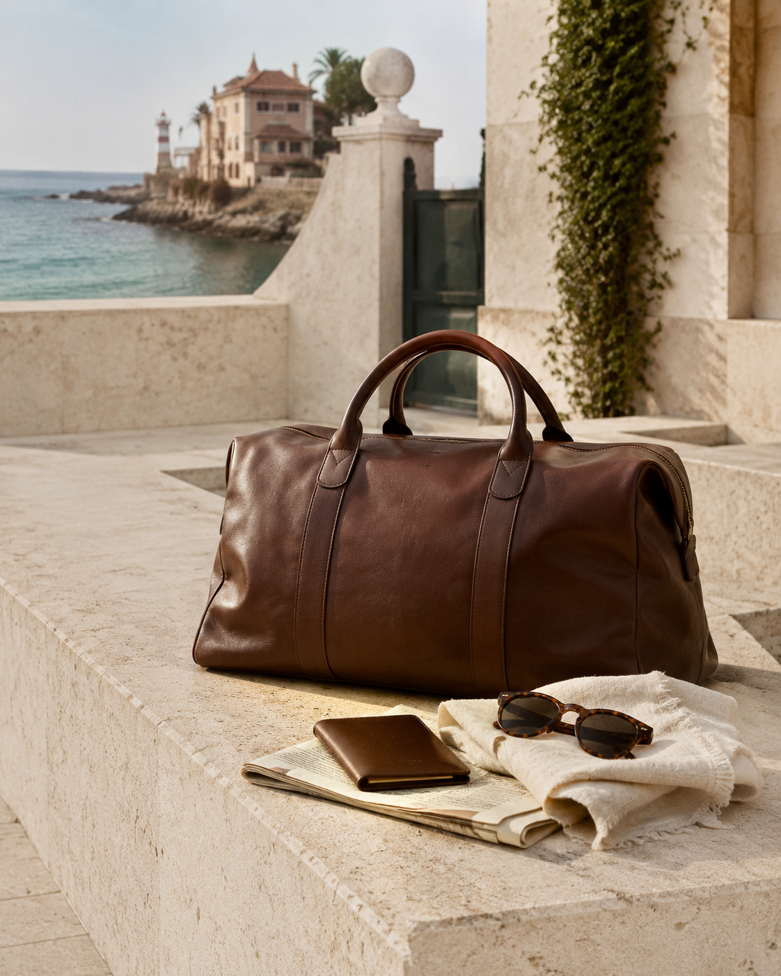 Leather weekender bag on a limestone bench by the coast