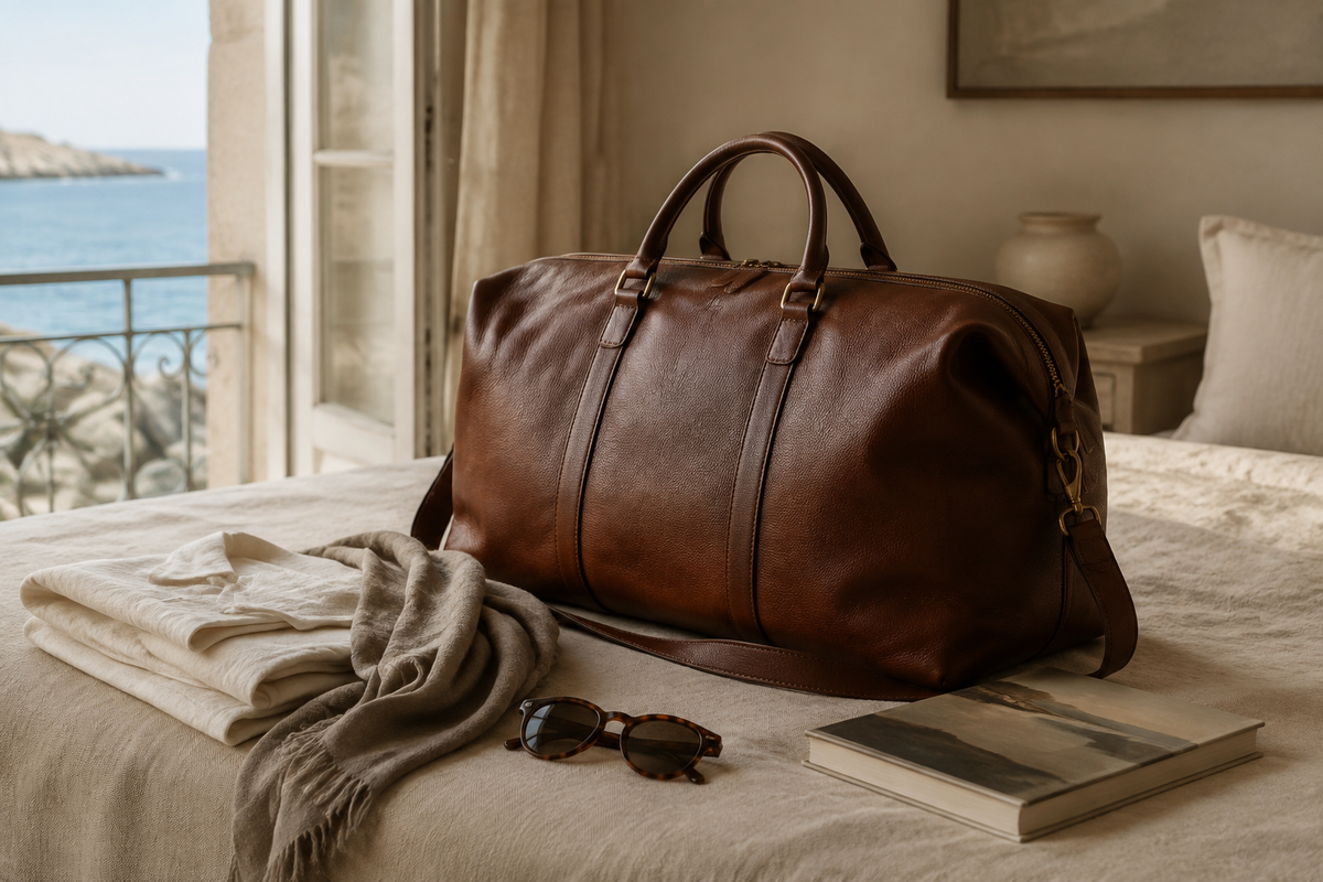 AI-created editorial image: a leather weekender bag on a linen-covered bed beside an open window with a glimpse of the sea