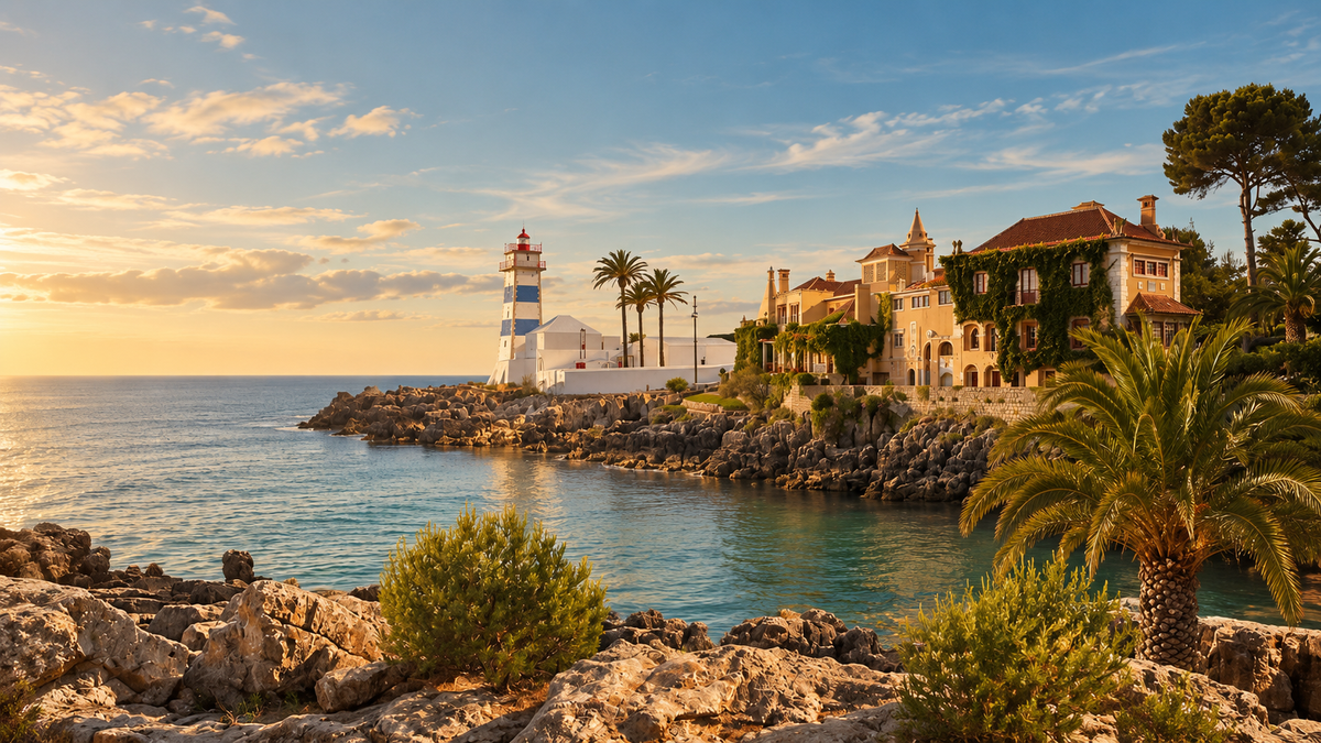 AI-created coastal campaign scene with a lighthouse, Atlantic landscape and Portuguese-inspired architecture.