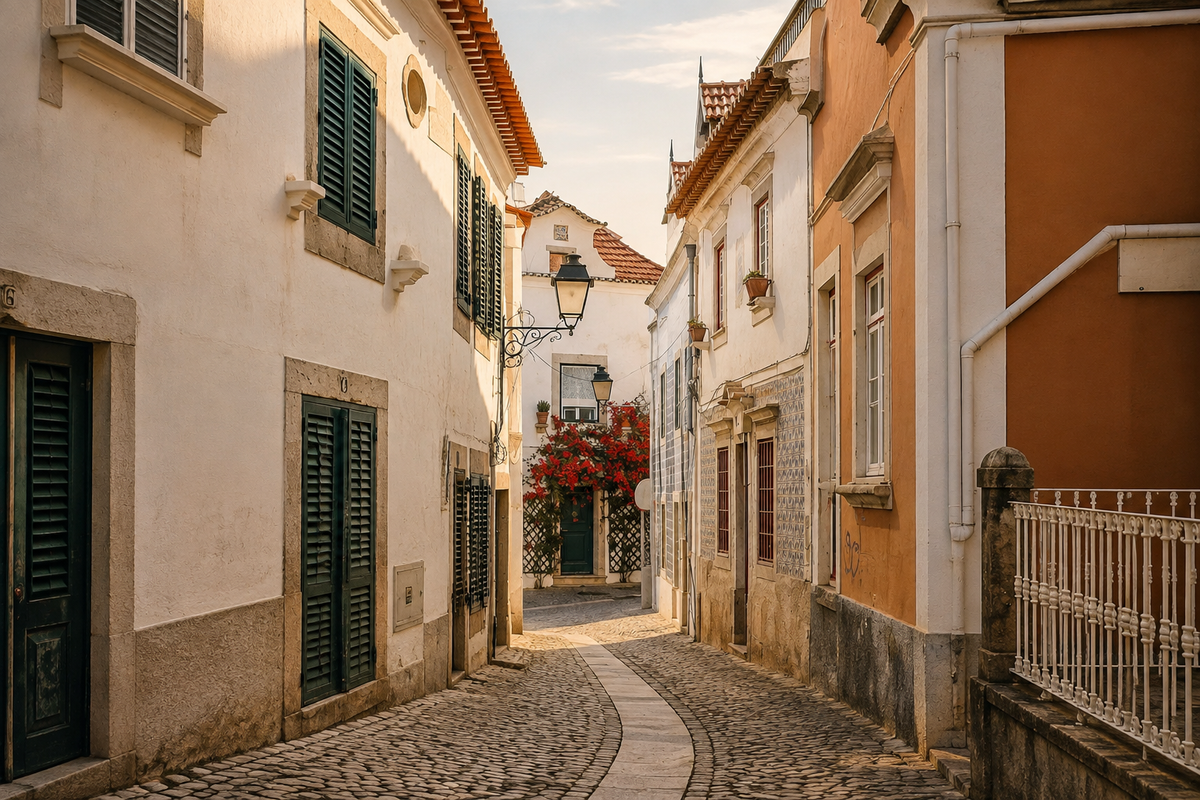 AI-enhanced editorial image of a sunlit European street near the coast